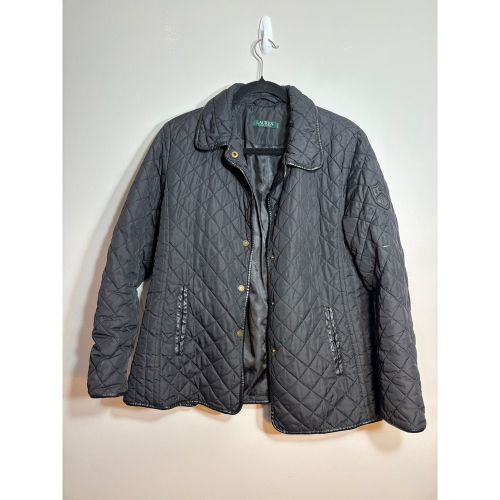 Lauren Ralph Lauren Black Quilted Jacket Faux Leather Trim Crest Patch 24499P